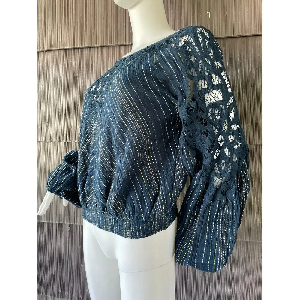 🔥Free People Floating Memories Navy Blouse Lace Panel Balloon Sleeves Boho M